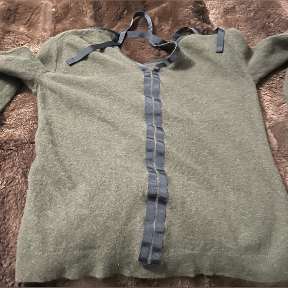 Jigsaw Dark Olive Crew Neck Lambswool Blend Sweater Tie Back Cropped Fitted - Picture 4 of 9